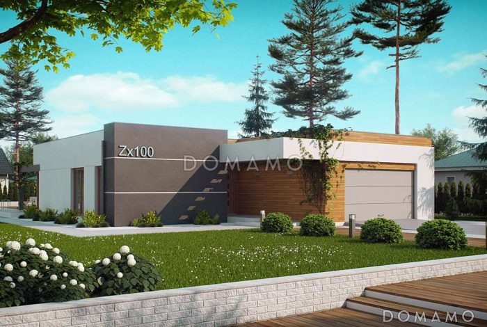 Проект просторного современного одноэтажного дома из газобетона с гаражом и тремя спальнями