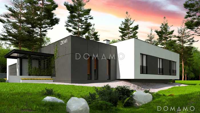 Проект одноэтажного дома с плоской крышей, гаражом, спальнями с санузлами