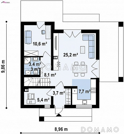 Проект компактного одноэтажного мансардного дома из кирпича с кабинетом и двумя спальнями / План 1 этажа