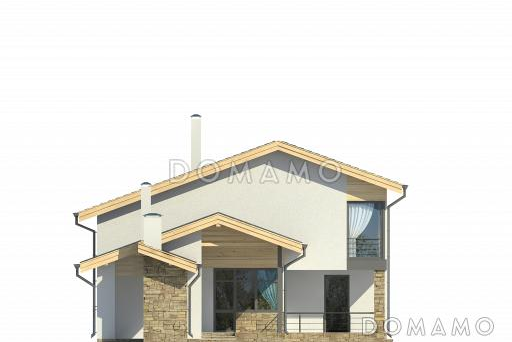 Проект дома с  крытой террасой, дровником, гостиной с камином, парной, двумя спальнями на мансардном этаже / Фасад 2