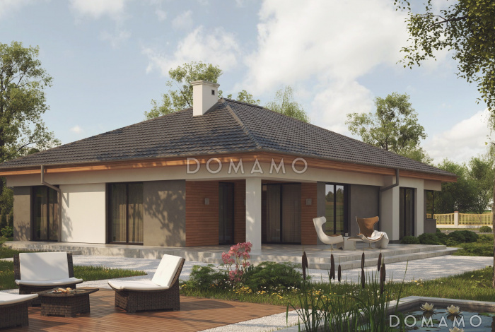 Проект одноэтажного просторного дома из газобетона с крытой террасой, эркером и гаражом для двух автомобилей 