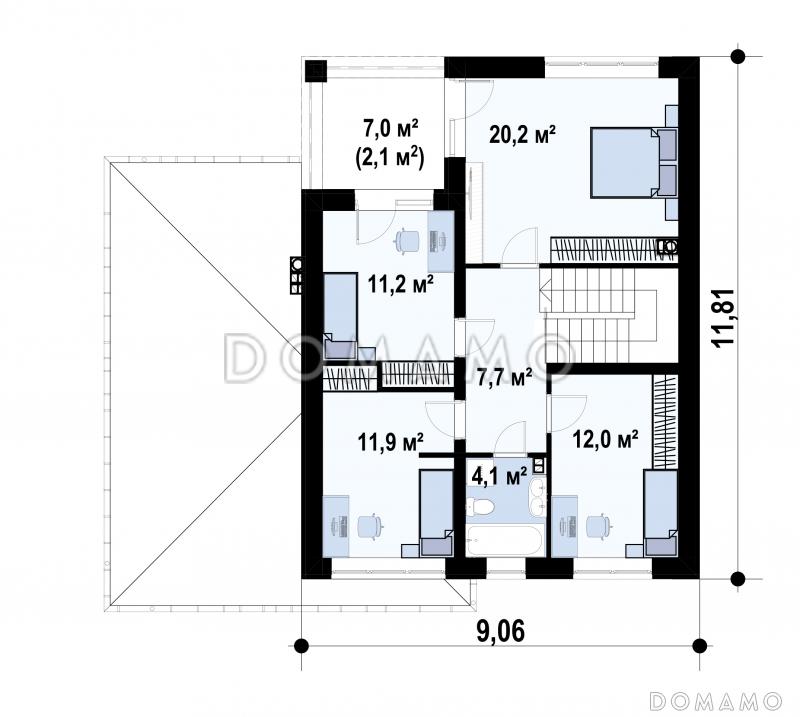 Проект двухэтажного дома с удобной планировкой, балконом на две спальни, кабинетом, гаражом, террасой / План 2 этажа