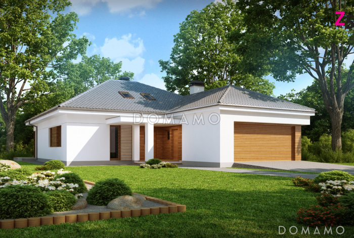 Проект одноэтажного дома из кирпича со свободной планировкой на мансардном этаже и с большим гаражом и техническим помещением