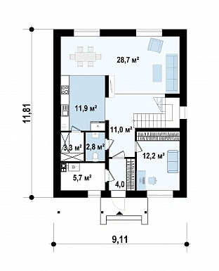 Проект современного двухэтажного дома из газобетона с четырьмя спальнями и кабинетом, без гаража / План 1 этажа