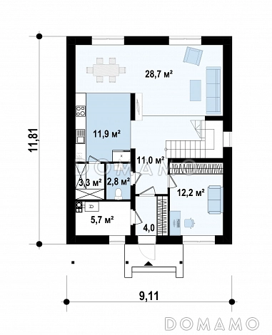 Проект современного двухэтажного дома из газобетона с четырьмя спальнями и кабинетом, без гаража / План 1 этажа