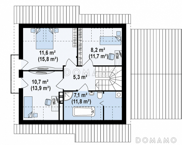 Проект одноэтажного дома из газобетона с жилым мансардным этажом и гаражом  / План мансардного этажа