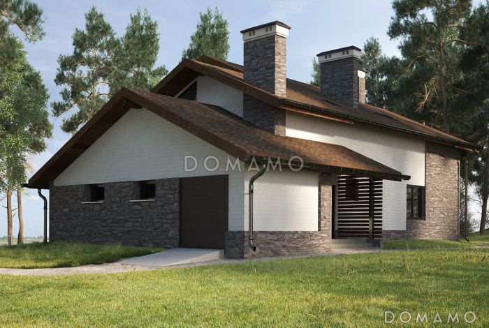 Проект дома с панорамными окнами, гаражом на одну машину, спальней с выходом на террасу, сауной