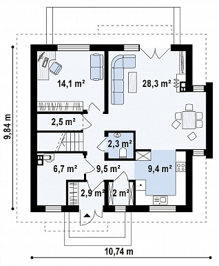 Проект одноэтажного мансардного дома из газобетона с балконом, тремя спальнями и кабинетом / План 1 этажа