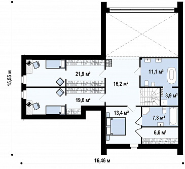 Проект современного одноэтажного мансардного дома из кирпича с панорамным остеклением, вторым светом и с гаражом / План мансардного этажа