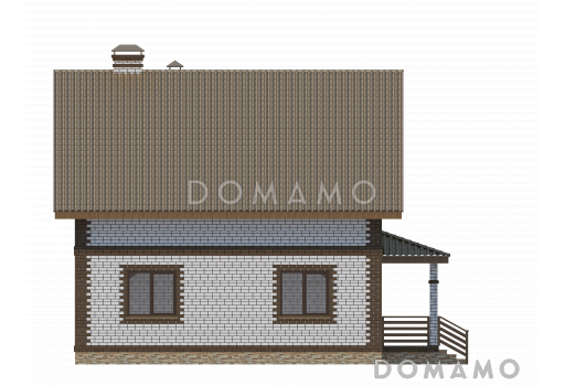 Проект компактного коттеджа с мансардным этажом и навесом под автомобиль, с наличием сауны / Фасад 2