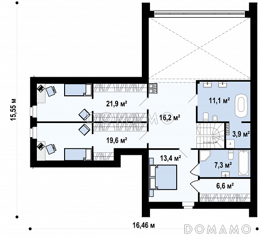 Проект современного одноэтажного мансардного дома из кирпича с панорамным остеклением, вторым светом и с гаражом / План мансардного этажа