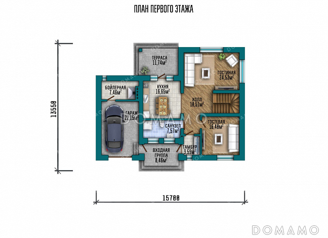 Проект двухэтажного дома с террасой, гаражом и балконом / План 1 этажа