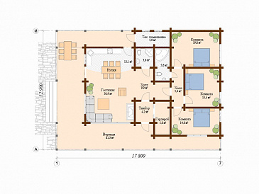 Проект одноэтажного дома из клееного бруса с огромной террасой / План 1 этажа