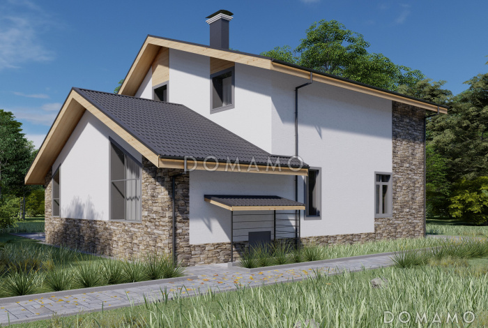 Проект двухэтажного дома из керамических блоков с двускатной крышей с подвалом, террасой и балконом