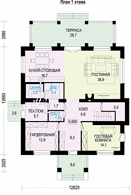 Проект трехэтажного загородного дома из кирпича / План 1 этажа