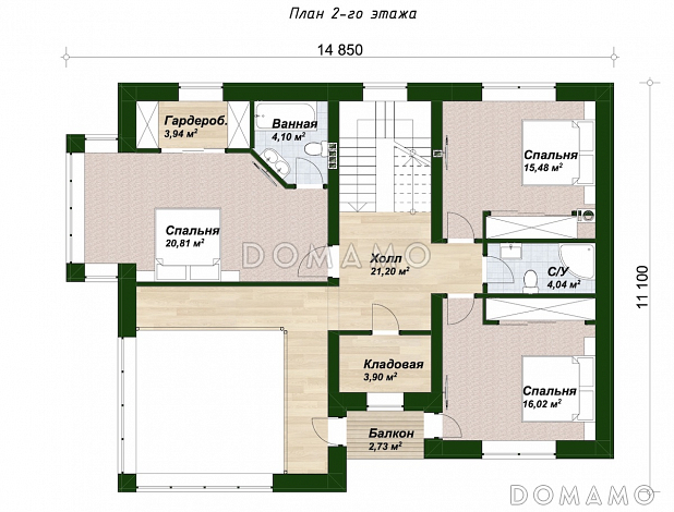 Проект двухэтажного дома с 3 спальнями, крытой террасой и панорамными окнами / План 2 этажа