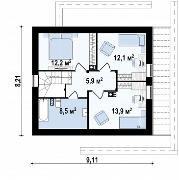 Проект компактного одноэтажного мансардного дома из газобетона с кабинетом и тремя спальнями / План мансардного этажа