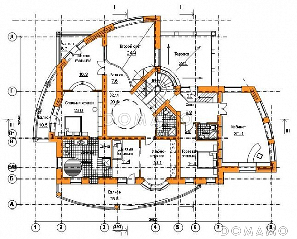 Проект коттеджа с оригинальной планировкой и гаражом на 2 а/м / План 2 этажа