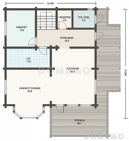 Проект деревянного дома из клееного бруса  для постоянного проживания семьи из 3-4 человек / План 1 этажа