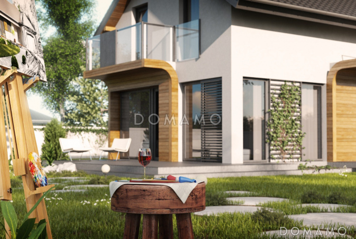 Проект мансардного одноэтажного дома из газобетона с тремя спальнями, гаражом и террасой над ним