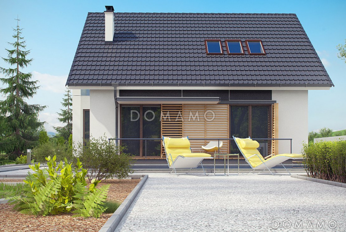 Проект одноэтажного мансардного дома из газобетона с балконом, тремя спальнями и кабинетом