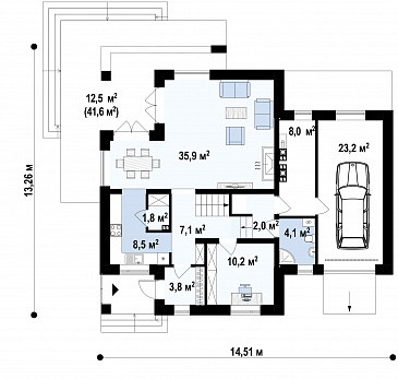 Проект дома с гаражом, просторной гостиной, французскими балконами, чердаком / План 1 этажа