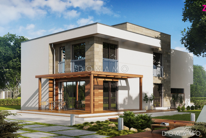 Проект двухэтажного дома из газобетона в стиле модерн, с четырьмя спальнями, кабинетом и гаражом