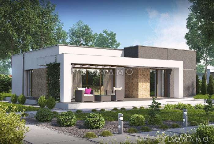 Проект небольшого современного одноэтажного дома из кирпича с двумя спальнями и красивой террасой