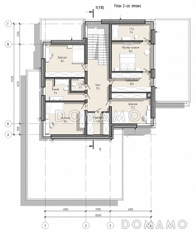 Проект просторного дома с навесом, верандой, сауной, 4 спальнями и кабинетом / План 2 этажа