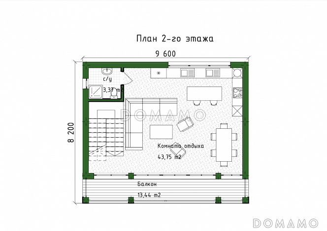 Проект трехэтажного дома в стиле хай-тек, адаптированный для сейсмозоны / План 2 этажа