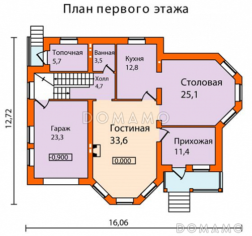 Проект кирпичного дома с большими, выразительными эркерами / План 1 этажа