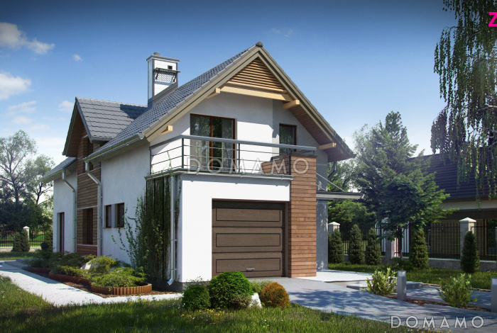 Проект одноэтажного мансардного дома из газобетона с гаражом для узкого участка