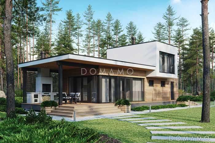 Проект дома с одной спальней на втором этаже, парной, душевой и крытой террасой с барбекю