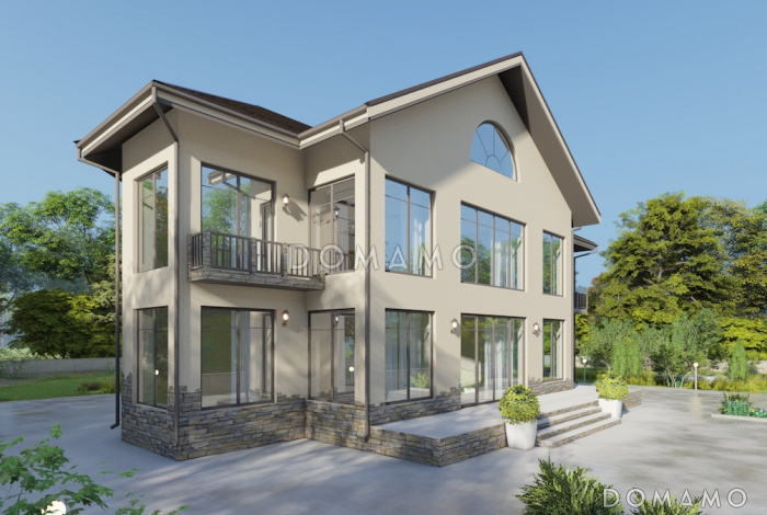 Проект дома сложной формы с 5 спальнями, кабинетом и большим холлом со вторым светом