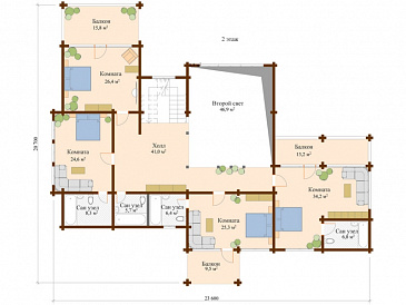 Проект двухэтажного дома из клееного бруса с панорамным остеклением / План 2 этажа