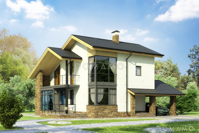 Проект частного дома с навесом для автомобиля, панорамными окнами в кузне-столовой, длинным балконом на мансардном этаже