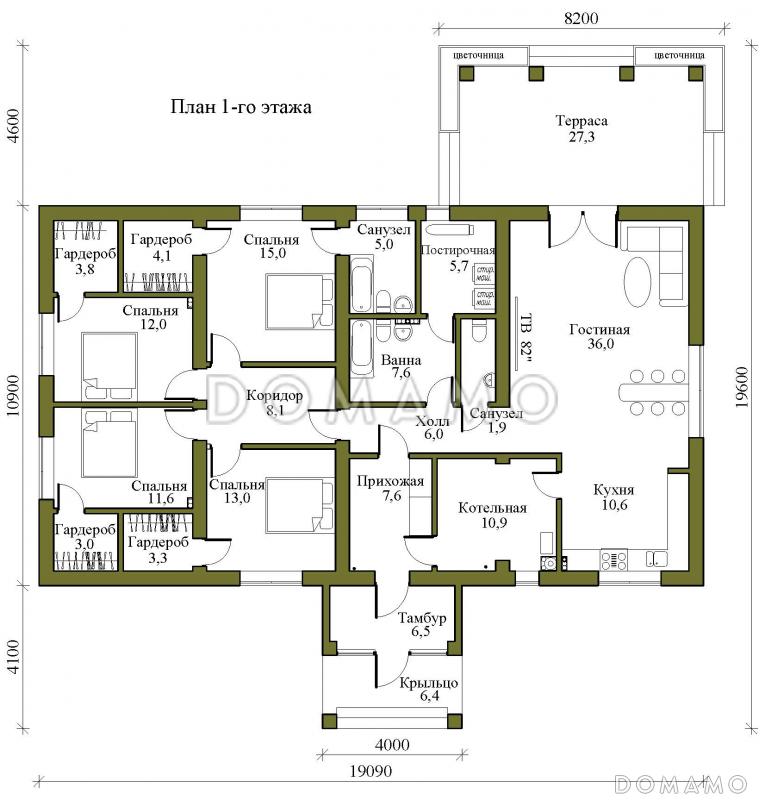 Проект одноэтажного газобетонного дома с цветочной террасой и просторной кухней-гостиной / План 1 этажа