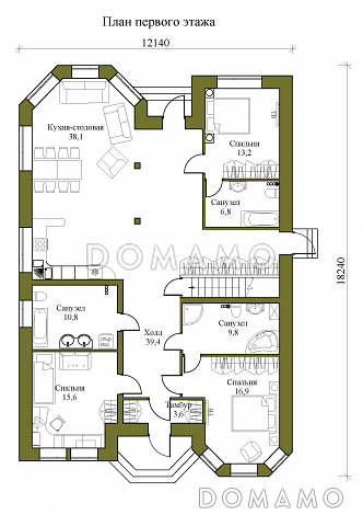 Проект одноэтажного дома с двумя эркерами и подвалом / План 1 этажа