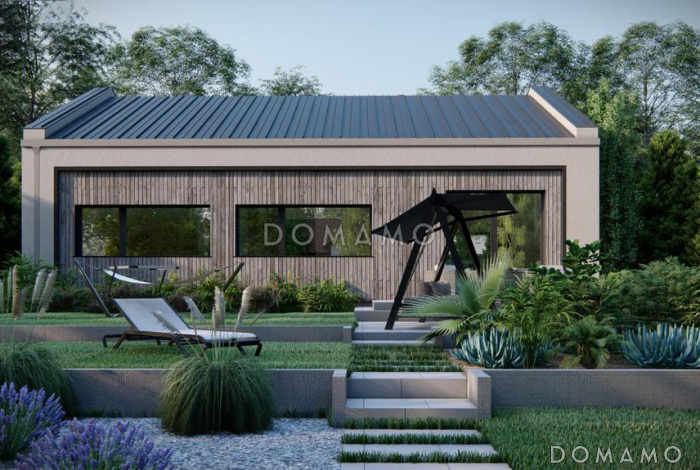 Проект элегантного загородного дома с помещениями на одном этаже, двухскатной крышей, тремя спальнями, кладовой на кухне