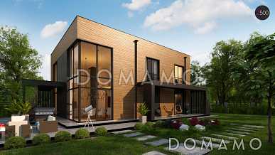 Проект современного двухэтажного дома из газобетона с плоской крышей, четырьмя комнатами, вторым светом и гаражом