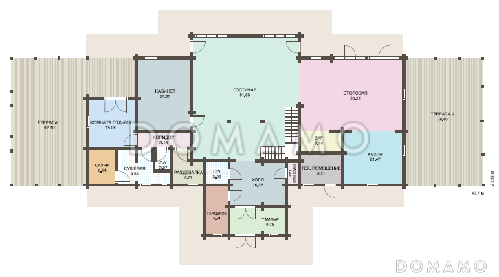 Проект дома из клееного бруса с двумя огромными террасами / План 1 этажа