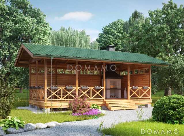 Проект деревяной, каркасной беседки с зеленой крышей и барбекю