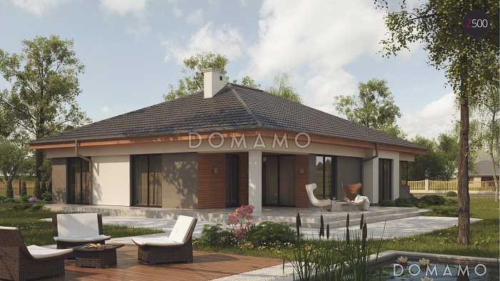 Проект одноэтажного просторного дома из кирпича с крытой террасой, эркером и гаражом для двух автомобилей