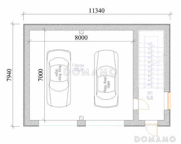 Проект гаража на 2 машины с мансардой / План 1 этажа