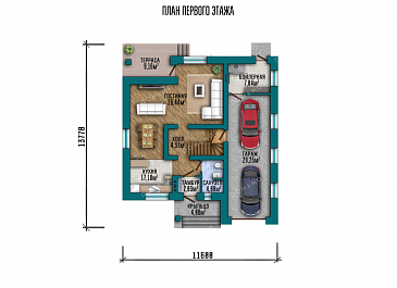 Проект одноэтажного дома с мансардой и гаражом на два автомобиля / План 1 этажа
