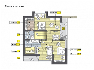 Проект дома с односкатной крышей, панорамными окнами, кухней с выступом для рабочей зоны, просторной гостиной, двумя балконами / План мансардного этажа