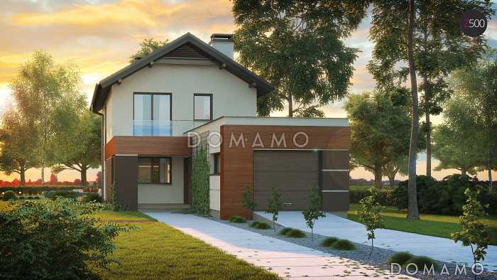 Проект небольшого двухэтажного дома из кирпича с тремя спальнями и балконом, с гаражом