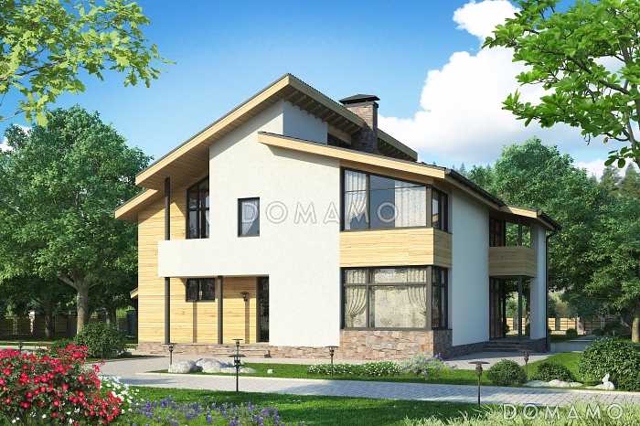 Проект дома из СИП панелей со спальней на первом этаже, ванной с окном, вторым светом в гостиной, двумя балконами