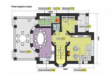 Проект дома с крытой террасой, колоннами, кухней-столовой с полукруглой стеной на террасу, эркером, спальнями и кабинетом на втором этаже / План 1 этажа