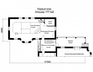 Проект пристроенного бассейна с эркером / План 1 этажа
